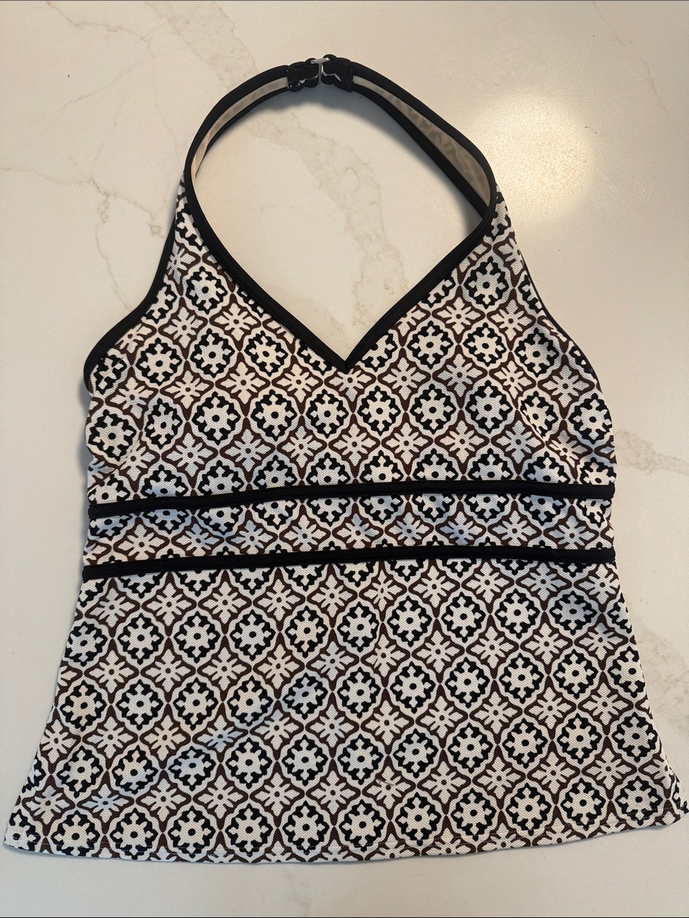 Lands' End Black Brown and White Geometric Halter Swimsuit Top